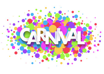 Carnival greeting card design with paper cut letters and colorful confetti on white background. Vector illustration.