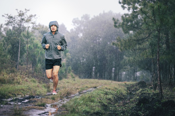 athlete runner in grey sports jacket forest trail in the rain
