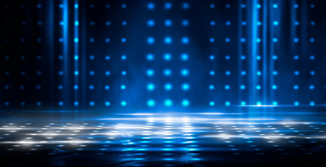 Dark empty scene, blue neon searchlight light, wet asphalt, smoke, night view, rays.