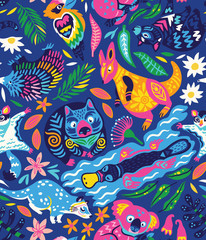 Fototapeta na wymiar Seamless pattern with decorative Australian animals in bright colors. Vector illustration