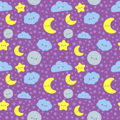 Night sky seamless pattern. Cute moon with sleep face, clouds and stars kids fabric printing vector cartoon illustration