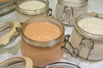  variety salad dressing in glass pot