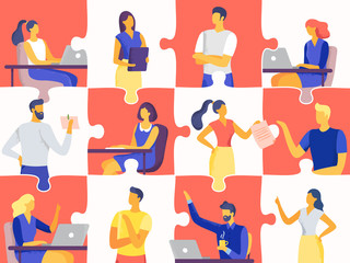 Business team puzzle. Professional people jigsaw, teamwork mosaic and office workers flat vector illustration