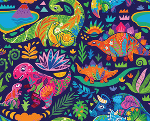 Fototapeta na wymiar Cute seamless pattern with mom and baby dinosaurs and tropical plants. Vector illustration