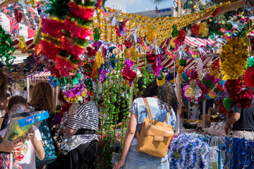 Colorful sukkah decorations. Sukkoth four species festival. Shimmering decorations for party.