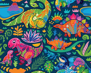 Fototapeta na wymiar Cute seamless pattern with mom and baby dinosaurs and tropical plants. Vector illustration