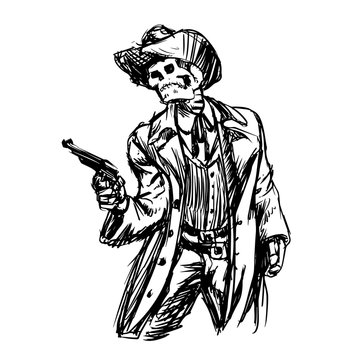 Skeleton Cowboy With Revolver - Vector Illustration