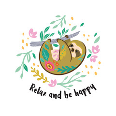 Relax and be happy. Cute vector sloth bear animal character hanging on the branch. Vector illustration