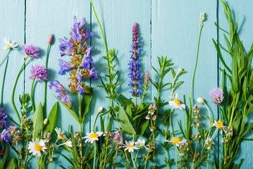 herbal flowers on blue wooden table background