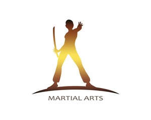 Martial art silhouette of woman in sword fight Kung Fu pose. Emblem for sport club.