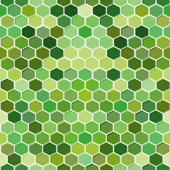Green seamless pattern with multicolored hexagons.