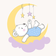 Vector illustration of a cute baby bear, lying on the moon, and playing with the stars.