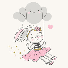 Ręcznie rysowane ilustracji wektorowych dziewczynka królik w różowej sukience, kołysząc się na chmurze.