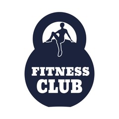 Sporty woman sits on a kettlebell. Girl silhouette. Fitness club text. Emblem for sport club