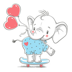 Hand drawn vector illustration of a cute baby elephant with balloons on a skateboard.