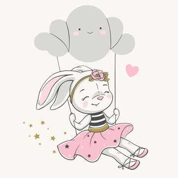 Hand drawn vector illustration of a cute bunny girl in a pink dress, swinging on a cloud.