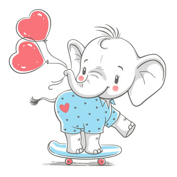 Hand drawn vector illustration of a cute baby elephant with balloons on a skateboard.