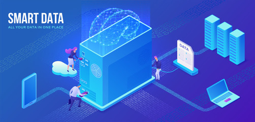 Smart data collection website template, isometric 3d illustration with computer, artificial intelligence, people collection cloud data, modern infographics, ai  concept, ui, ux design