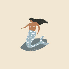 Mermaid girl on the surfboard. Stylized art, modern style collage. Summer beach vacation theme, illustration in vector