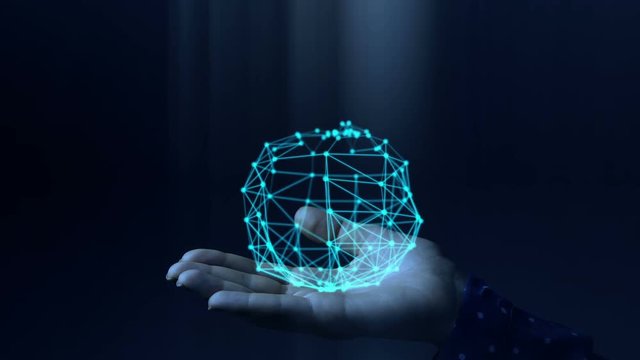 Blue hologram sphere rotating and expanding in woman hands. Futuristic network concept.