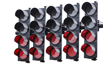 Red traffic light on white isolated background.