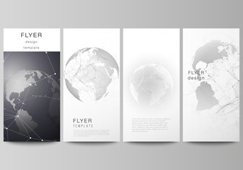 Vector layout of flyer, banner design templates. Futuristic geometric design with world globe, connecting lines and dots. Global network connections, technology digital concept.