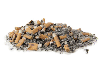 Ashtray and butts sigarette on white background