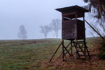 Hochsitz am Waldrand im Nebel