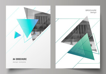 The vector layout of A4 format modern cover mockups design templates for brochure, magazine, flyer, booklet, annual report. Colorful polygonal background with triangles with modern memphis pattern.
