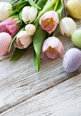 Easter eggs and tulips bouquet
