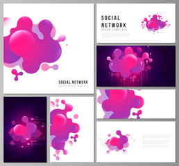 The minimalistic abstract vector illustration of the editable layouts of modern social network mockups in popular formats. Black background with fluid gradient, liquid pink colored geometric element.