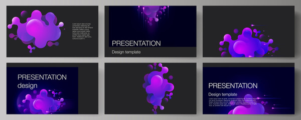 The minimalistic abstract vector illustration of the editable layout of the presentation slides design business templates. Black background with fluid gradient, liquid blue colored geometric element.