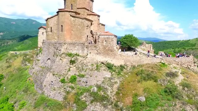 Aerial drone view of Mtskheta, Georgia with Svetitskhoveli Cathedral