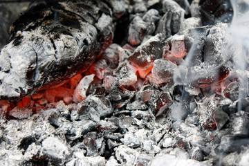 burning hot coal in the grill close up