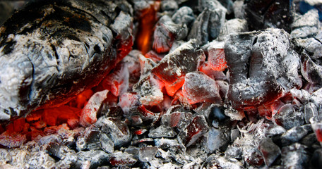 burning hot coal in the grill close up