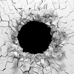 Dark destruction cracked hole in white stone wall