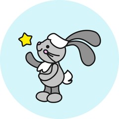 A gray fluffy bunny catches an asterisk with its paw. Baby vector illustration. Cute eared rabbit on a blue background. Catch a star.