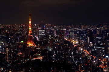 Tokyo tower,, building, architecture, road, street from aero view