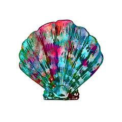 Seashell isolated illustration, hand painted colorful abstract watercolor turquoise, blue, red...