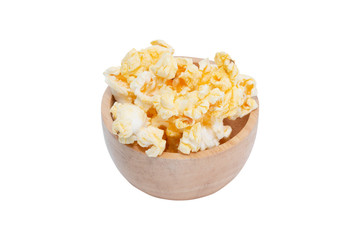 popcorn in wooden bowl isolated on white background - clipping paths