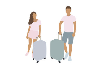 Naklejka na ściany i meble Man and woman with suitcases. Vector flat illustration.