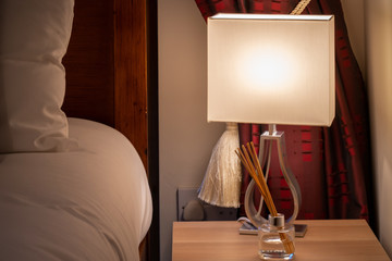 Table lamp in a bedroom with a warm light