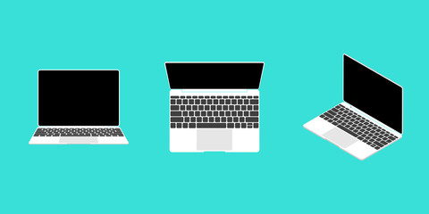 Laptop with black screen isolated on blue background. Different types, isometry. Vector illustration