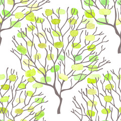 Seamless vector pattern with trees and green watercolor spots. Abstract spring floral background.