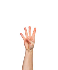 Naklejka premium Male hand in fist with four fingers open up, white background and room for copy space