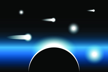 Horizontal space background with planets and comets, meteorites and starlight. Gradient backdrop in black and blue color for web design.