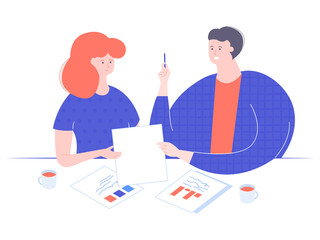Man and woman in the office. Signing a contract, collaborating on a project, approving details. On the desk are papers with graphs and statistics. Vector business illustration.