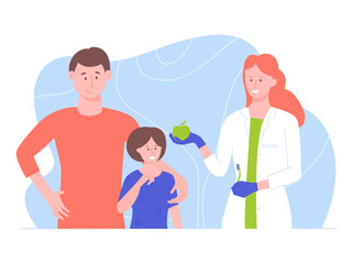 Pretty woman doctor demonstrates the usefulness of brushing your teeth. In one hand she holds an apple, in the other a toothbrush. Father and daughter are watching. Vector illustration.