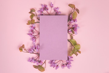 Flowers composition. Paper blank, pink flowers on pastel blue background. Flat lay, top view, copy space, square
