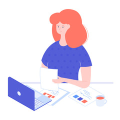 Employee girl sitting in the office at the desk. Laptop, documents, cup of coffee. Working time. Vector illustration.